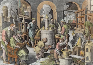 Distillation, boiling water to purify it, engraved by Philip Galle